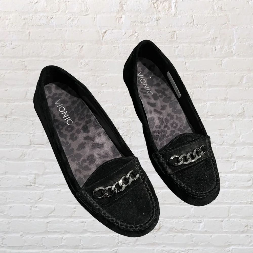 Vionic black suede Mesa loafers with gunmetal/muted silver chain accent
